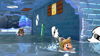 Mario swimming through a tunnel decorated with block and squid stamps