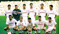 SEVILLA F. C. - Sevilla, España - Temporada 1996-97 - Prieto, Unzué, Tsartas, Ramis, Jose Mari, Galván; Salva, Rytter, Almeyda, Velasco y Luque - F. C. BARCELONA 4 (Óscar, Ronaldo, Pizzi y Luis Enrique), SEVILLA F. C. 0 - 23/03/1997 - Liga de 1ª División, jornada 30 - Barcelona, Nou Camp - El SEVILLA se clasificó 20º en la Liga, bajando a 2ª. Camacho, Julián Rubio, Juan Carlos Álvarez y Bilardo, que se sucedieron como técnicos, no pudieron evitar el desastre