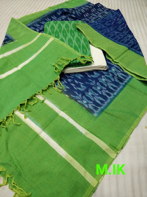 Fashionable ikkat sets in merceraized dupatta with ikkat cotton top & plain cotton bottom