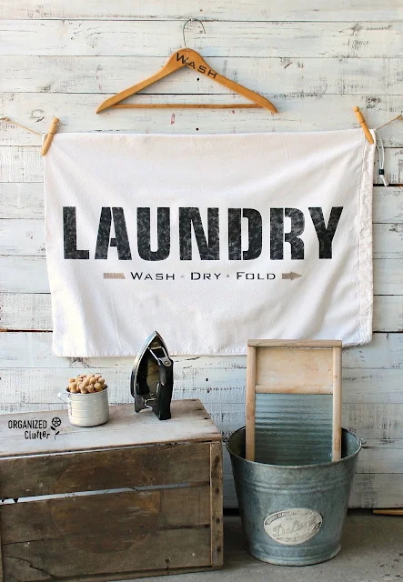 Thrift Shop Laundry Bag Becomes Laundry Room Decor With Stencils #oldsignstencils #fusionmineralpaint #laundrysign #laundryroom #laundryroomdecor #stencil #thriftshopmakeover