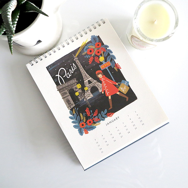 Rifle Paper Co. 2016 travel desktop calendar, Voluspa Saijo Persimmon candle, Anthropologie monogram mug, succulent