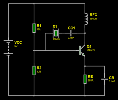 BJT internal capacitance based Pierce cystal oscillator circuit diagram