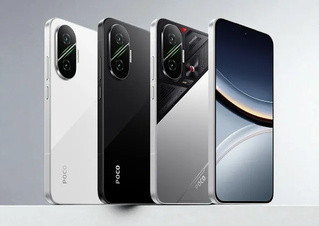 Poco F7 5G in Cyber Silver, Phantom Black, and Frost White color options