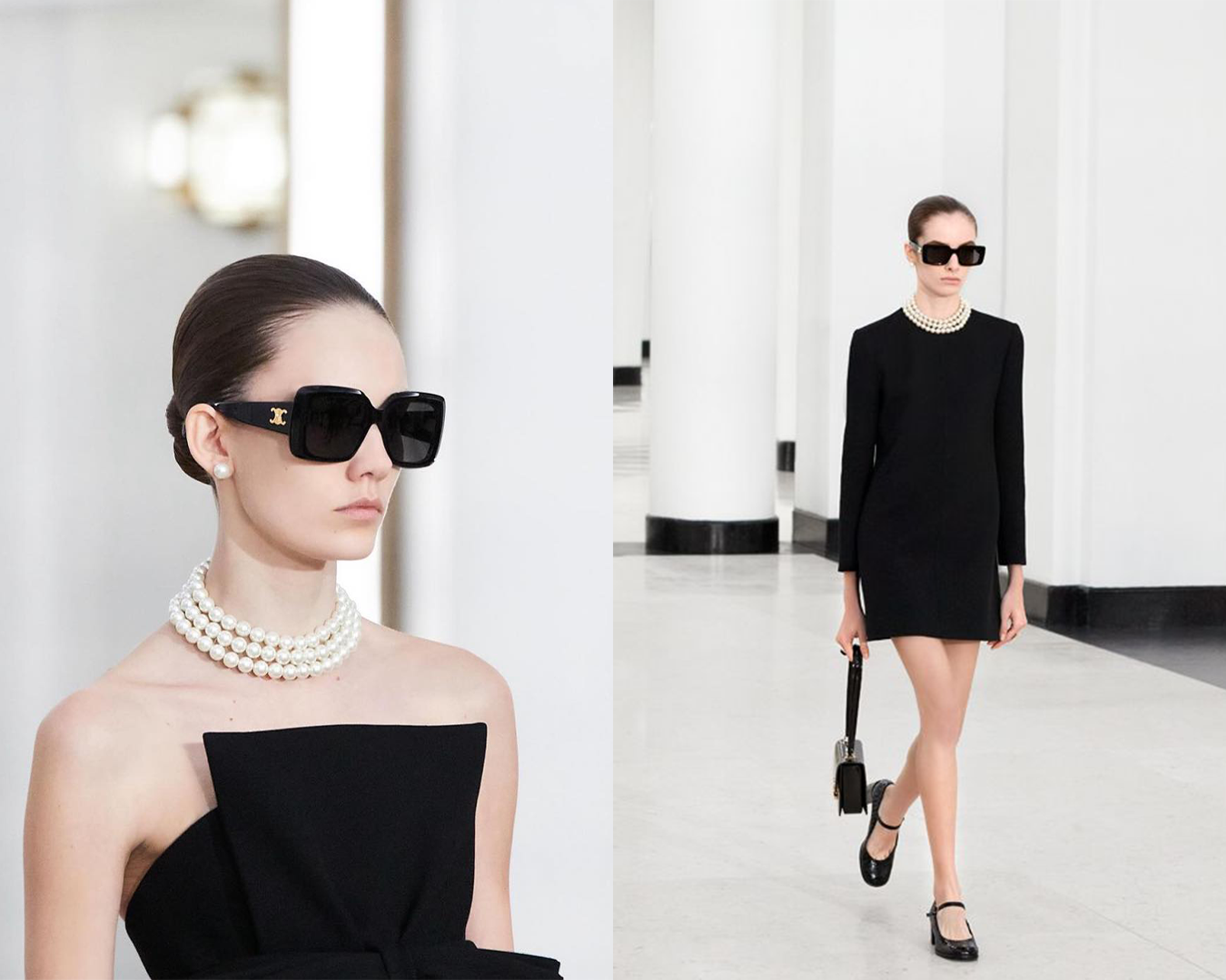 Model on the Celine Fall/Winter 2024/2025 Wearing a black dress, sunglasses and a pearl necklace