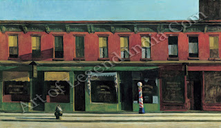 The inspiration for this picture probably came from a stage set for the play Street Scene by Elmer Rice, which Hopper saw in New York in 1929. Like the picture, the set featured a rather bleak two-storey block seen flat on and stretching the entire width of the stage. Hopper found architecture a very appealing subject, as it gave him the clarity and firmness of line he loved. Here he needs no human presence to create a sense of pictorial drama, relying instead on the bold forms and the morning light.
