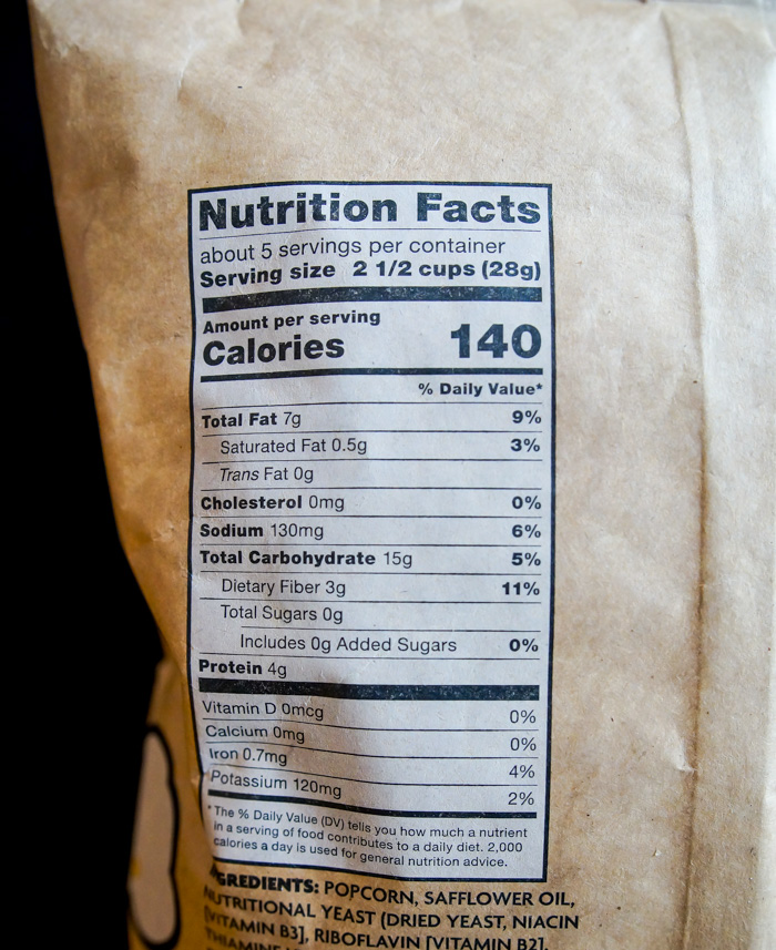 Trader Joe's Piquant Popcorn nutrition label