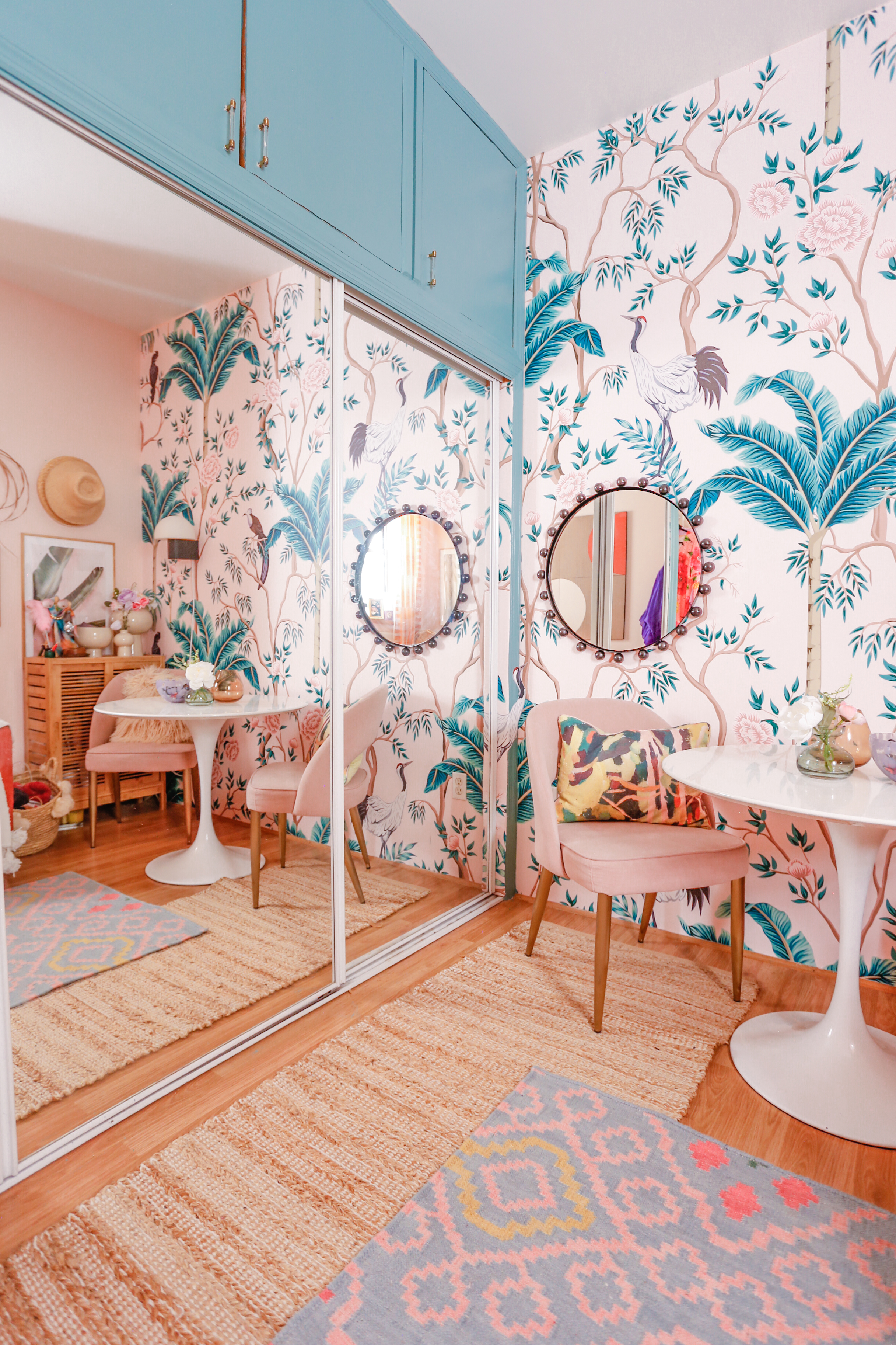 Clare Vacay // Pink and Green Office // Best Blue Green Paint // Pink and Green Chinoiserie Mural // Chinoiserie Wallpaper // Home Office Decor // Colorful Home Office // Pink and Green Home Office // Home Office Decor // Home Office Inspo // Home Office Colors // Megan Zietz Home Office // Maximalist Home Office // Green and Pink Office Ideas