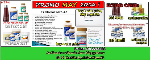 Promosi SHAKLEE MAY 2016. Collagen Powder, Alfalfa Complex, Vivix, Vitalea for Children, YES Set (Pranatal, Postnatal, Healthy Fitness, Healthy Living), Detox Set, Ramadhan Set