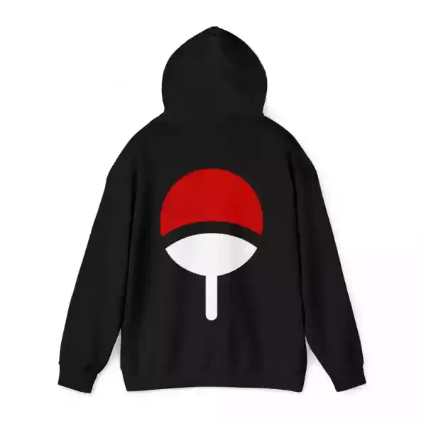 a black hoodie with uchiha clan logo on it