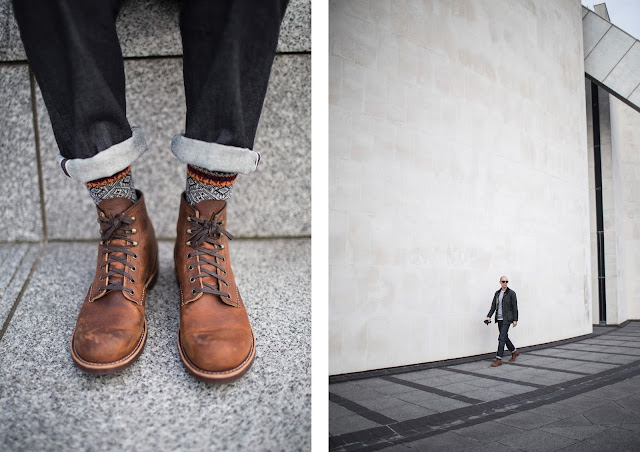 red wing blacksmith boots in rough and tough leather with selvedge denim jeans