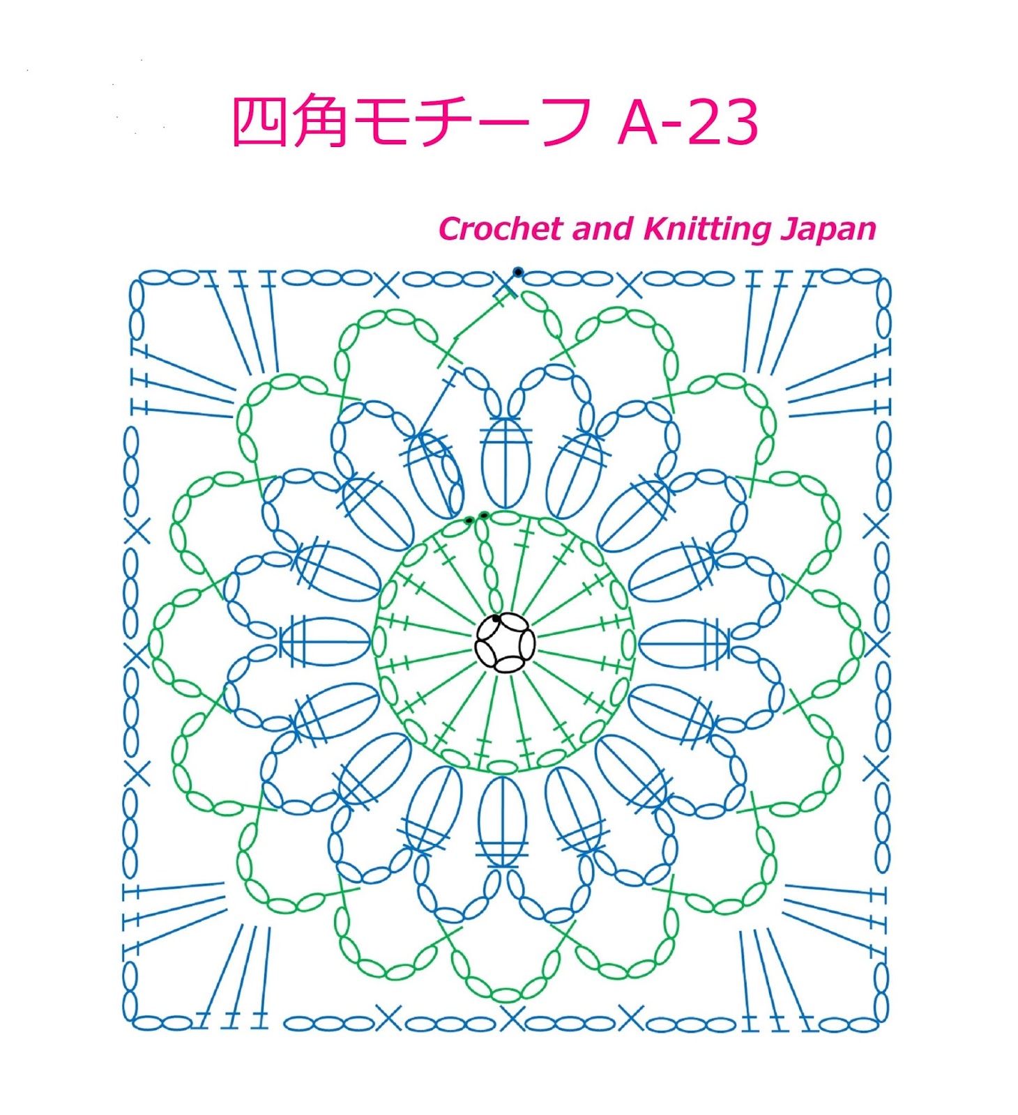 かぎ編み Crochet Japan クロッシェジャパン 四角モチーフの編み方 A 23 かぎ針編み 長々編み3目の玉編み Crochet Square Motif Crochet And Knitting Japan