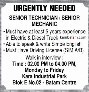 Lowongan Kerja Senior Technician/Mechanic