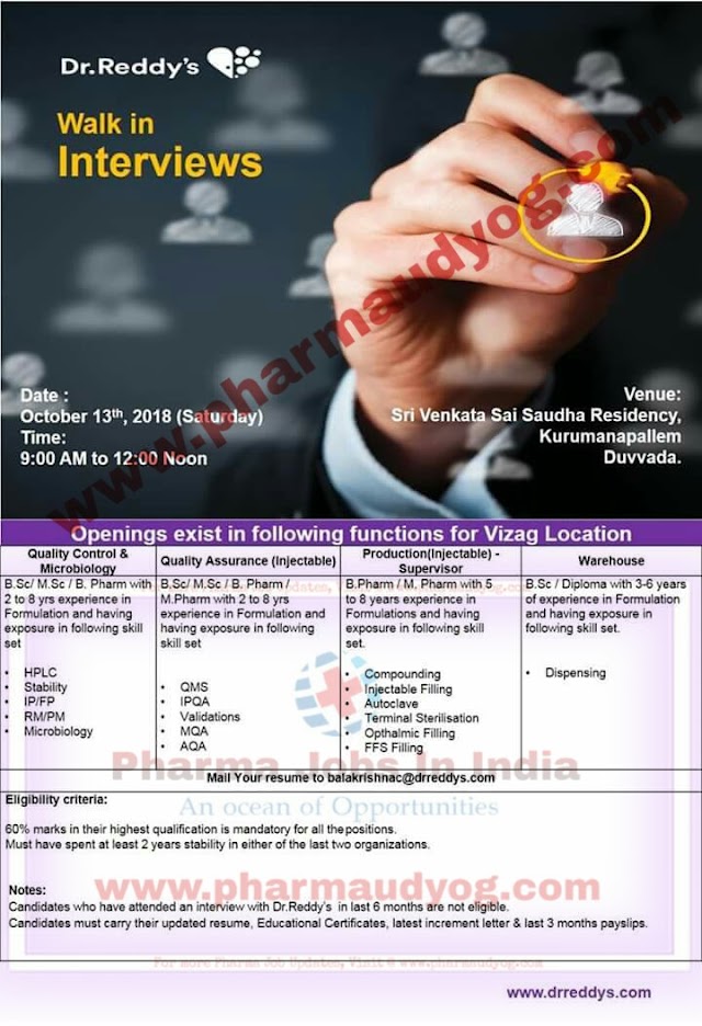 Dr.Reddy's | Walk-In for Multiple Positions | 13th October 2018 | Duvvada, Vizag