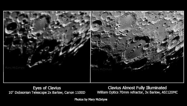 Photo of Clavius as the Sun rises and showing the eyes, and after sunrise.
