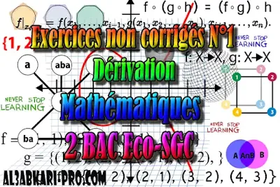 Exercices non corrigés N°1 Dérivation, Mathématiques, 2 Bac Sciences Économiques, 2 Bac Sciences de Gestion Comptable, Suites numériques, Limites et continuité, Dérivation et étude des fonctions, Fonctions logarithmiques, Fonctions exponentielles, Fonctions primitives et calcul intégral, Dénombrement et probabilités, Examens Nationaux Mathématiques, 2 bac, Examen National, baccalauréat, bac maroc, BAC, 2 éme Bac, Exercices, Cours, devoirs, examen nationaux, exercice, 2ème Baccalauréat, prof de soutien scolaire a domicile, cours gratuit, cours gratuit en ligne, cours particuliers, cours à domicile, soutien scolaire à domicile, les cours particuliers, cours de soutien, les cours de soutien, cours online, cour online.