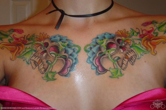 Flowery skulls chest tattoo idea for girls.