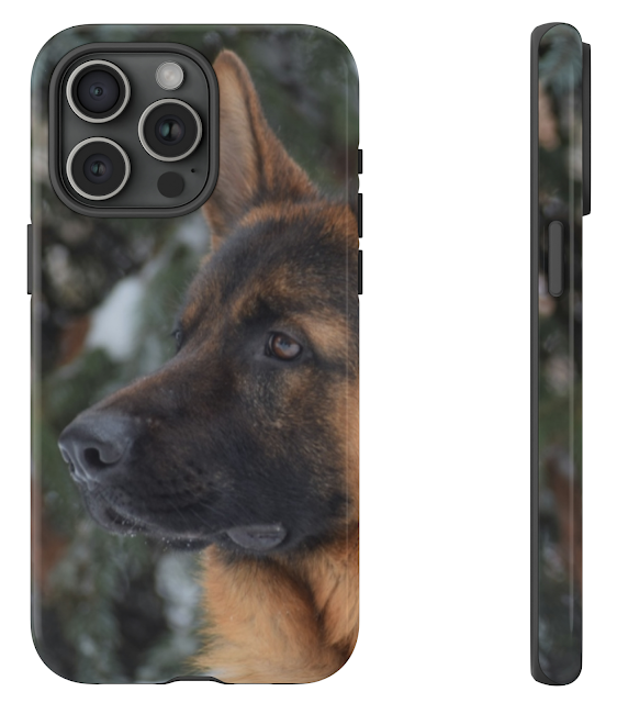 iPhone 15 Pro Max Tough Case With Close Up Face of Red and Black German Shepherd Looking Somewhere