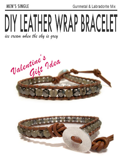 DIY Bracelet: Valentine's Gift Idea For Men - Single Wrap Gunmetal & Labradorite Mix On Natural Brown Leather