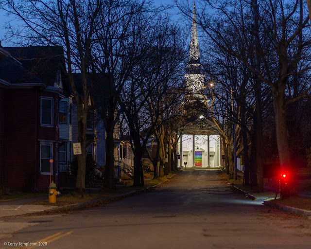 Portland, Maine USA December 2020 photo by Corey Templeton. The view down Nevens Street towards the stately Woodfords Congregational Church.