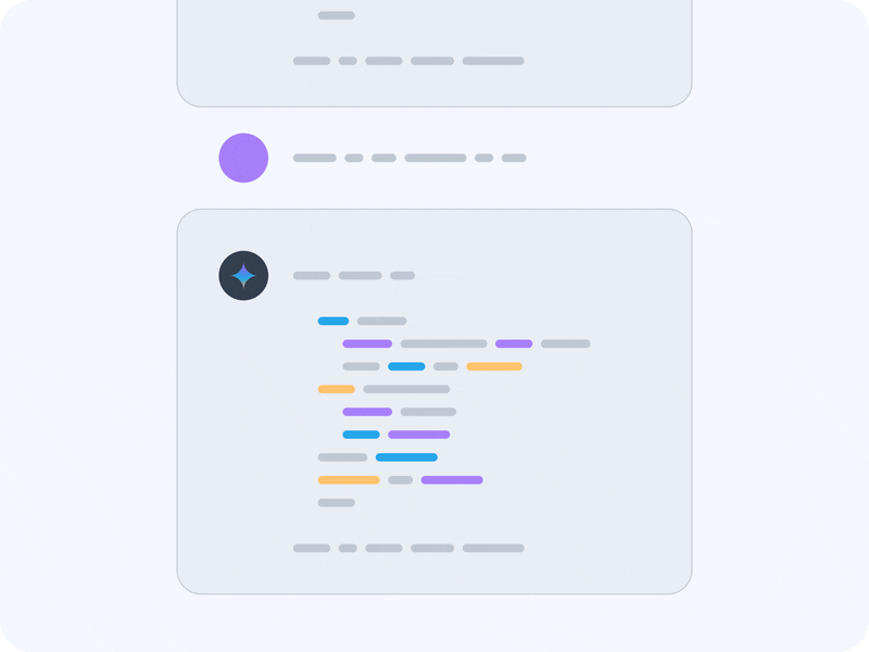 Moving illustration of IDX AI assisting you with smart code completion, assistive chatbot, and contenxtual code actions