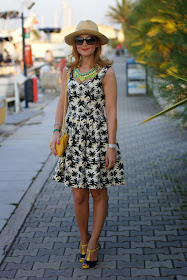 palm print dress, caleidos clutch, Sergio Levantesi sandals, ecua-andino classic panama hat, Fashion and Cookies, fashion blogger