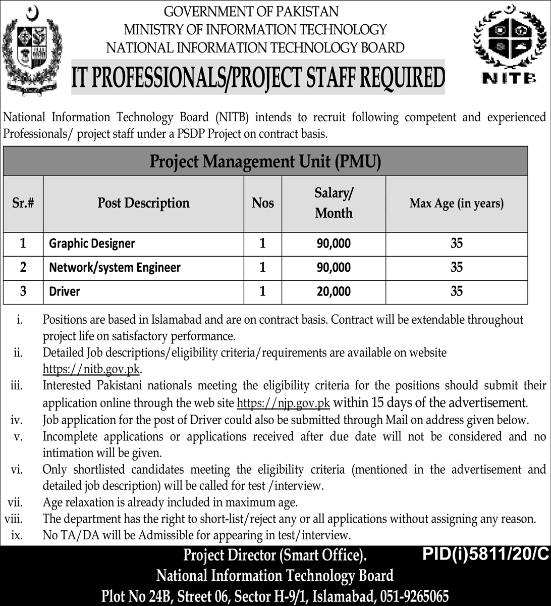 Ministry of Information Technology Jobs 2021 National Information Technology Board