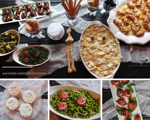 Mummy Theme Halloween Dinner Menu Easy for Kids Mummy Pasta Brushcetta Eyeballs Spooky Veggies