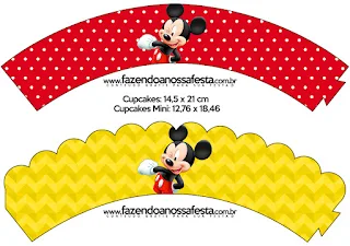 Mickey in Yellow, Zigzag and Red Background: Free Printable Toppers or Labels and Wrappers.