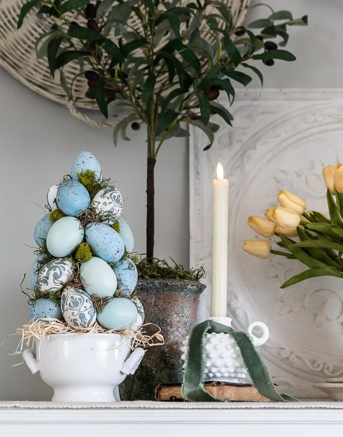 Easter egg tree, candle, faux tulips