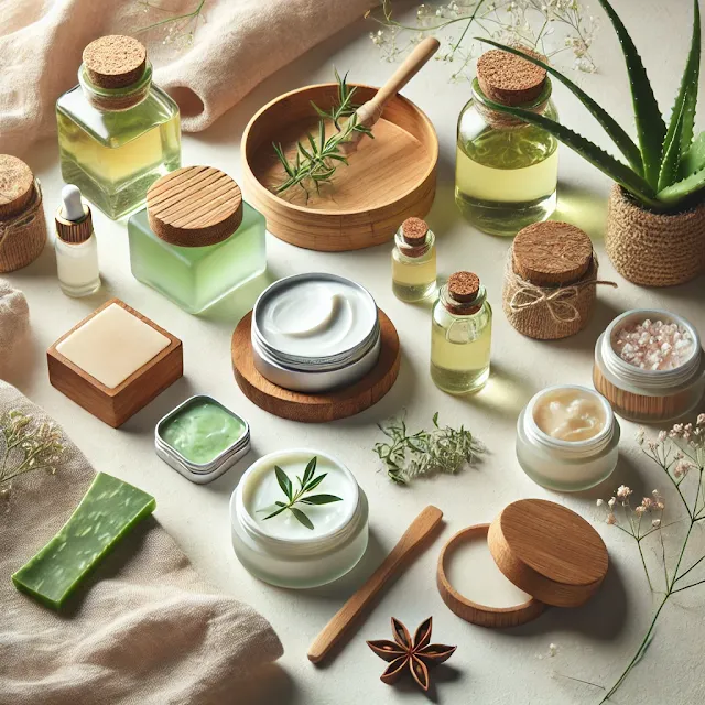 Sustainable skincare packaging featuring elegant glass jars, bamboo lids, and organic ingredients like aloe vera and shea butter in a minimalist, eco-friendly flat lay setting."