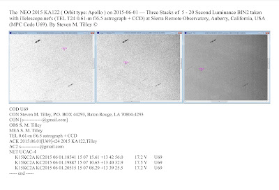 The  NEO 2015 KA122 ( Orbit type: Apollo ) on 2015-06-01 — Three Stacks of  5 - 20 Second Luminance BIN2 taken with iTelescope.net's (TEL T24 0.61-m f/6.5 astrograph + CCD) at Sierra Remote Observatory, Auberry, California, USA  (MPC Code U69). By Steven M. Tilley ©