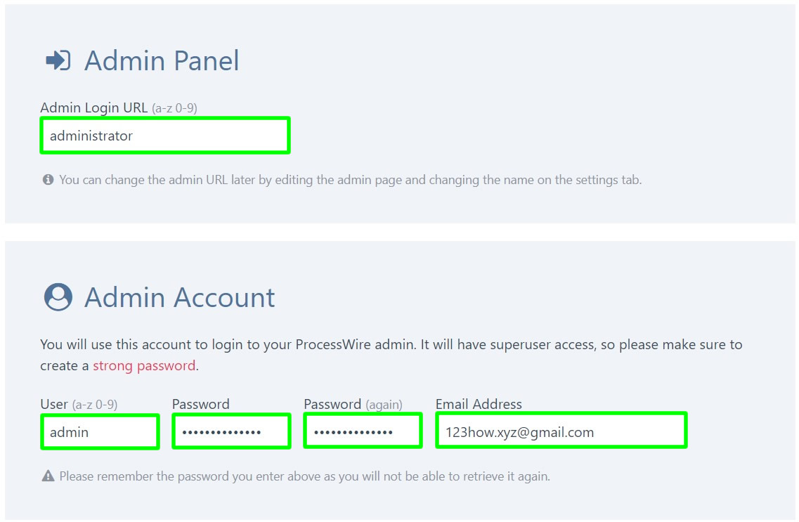 processwire installation admin account