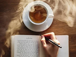 Tangan seseorang sedang menulis di buku jurnal dengan secangkir teh hangat di sisinya. Aktivitas ini adalah cara yang menenangkan untuk mengelola stres dan menjaga kesehatan mental.