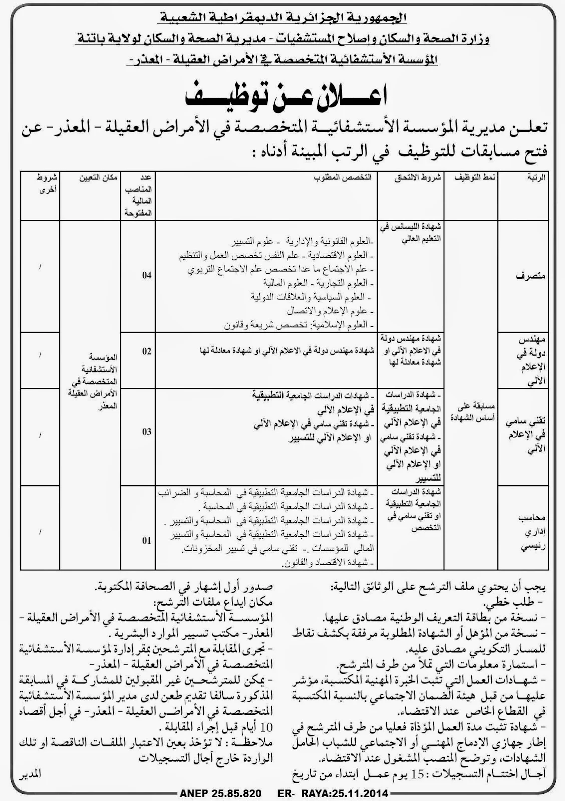 توظيف بالمؤسسة الاستشفائية المتخصصة في الامراض العقلية - المعذر ولاية باتنة