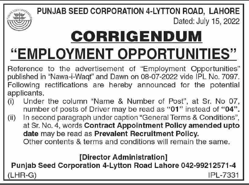 Latest Punjab Seed Corporation Driving Posts Lahore 2022