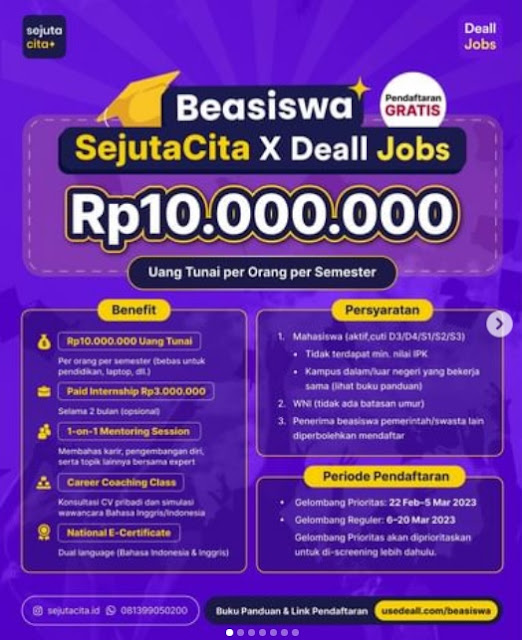 Pendaftaran beasiswa Sejuta Cita X Deall Jobs 2023