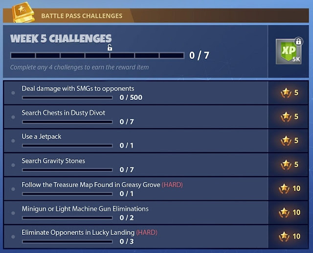 Fortnite Season 4 Week-5 Challenge List showing all the seven challenges