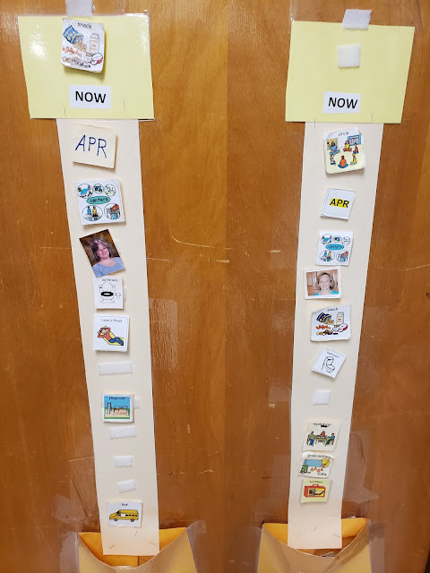 Photo of two picture schedule strips with the word now and a velcro at the top