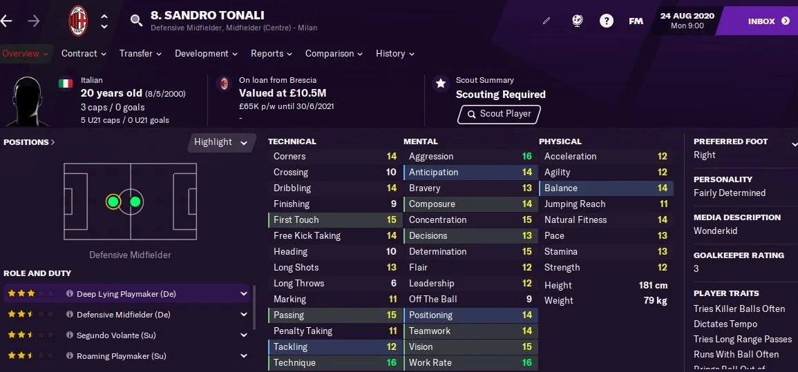 Sandro Tonali: Starting Attributes in FM2021