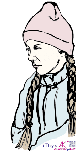 Девочка с двумя светловолосыми косичками, в розовой шапочке и светло голубой куртке. Автор рисунка: художник #iThyx