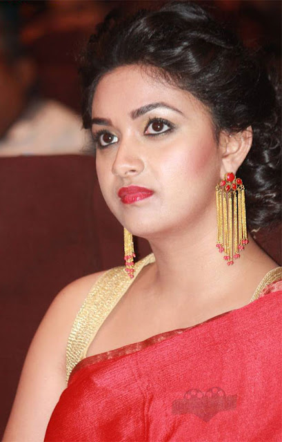 Keerthi Suresh Hot Image in Red color Saree