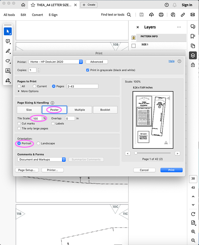 Screenshot of Adobe Acrobat Reader showing the print settings required for printing the pattern. The buttons labeled "poster", "tile scale: 100%", and "portrait" are circled in pink