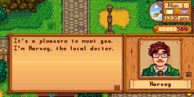 "It's a pleasure to meet you. I'm Harvey, the local doctor."