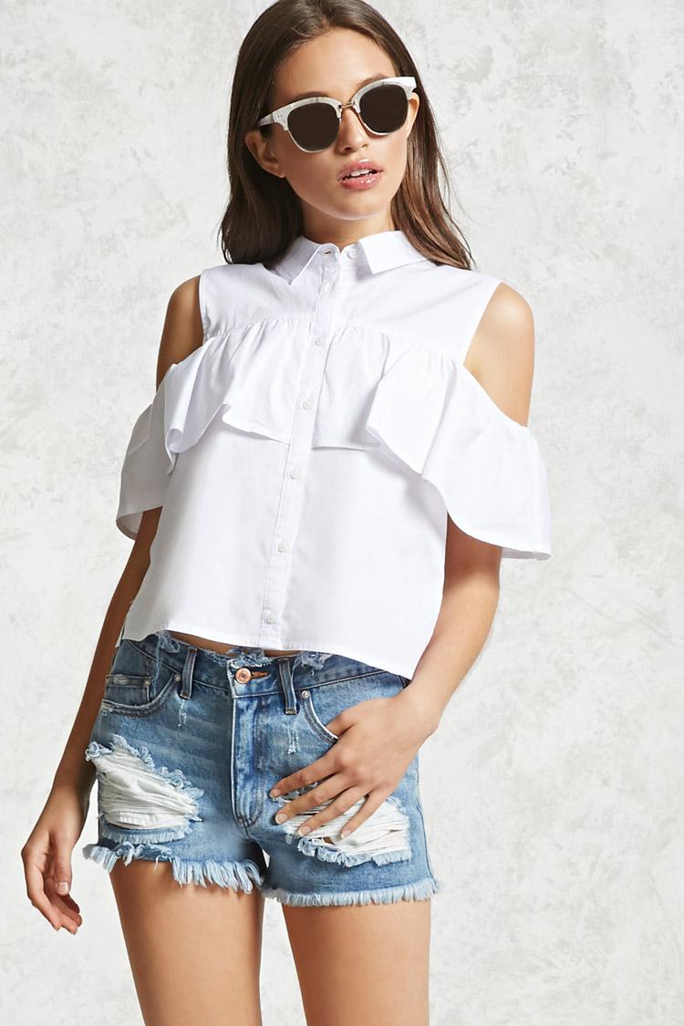 White Open-Shoulder Button Down Top