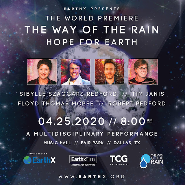 The Way of the Rain – Hope For Earth is a multidisciplinary environmental performance created and directed by Sibylle Szaggars Redford, in collaboration with Music Composer Tim Janis, Performance Film Artist Floyd Thomas McBee, with a special narration – spoken word by Robert Redford. It interprets nature’s powerful beauty while calling attention to the Earth’s vulnerability brought on by climate change.