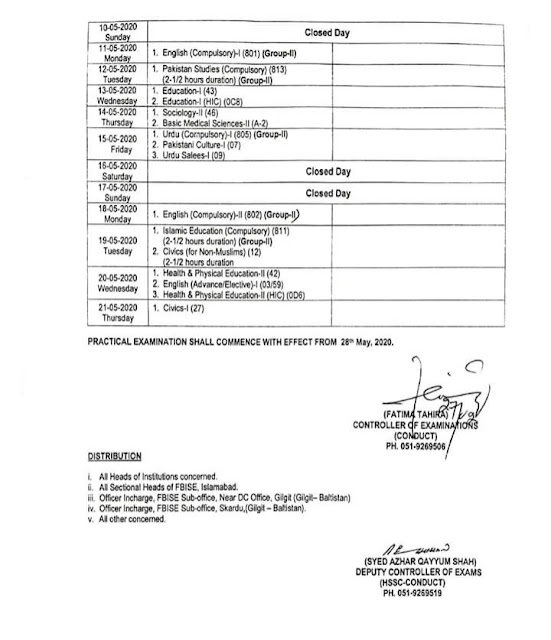 Board Date sheet for first year, 2nd year HSSC 1