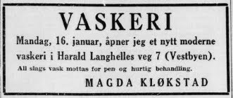 Magda Kløkstad vaskeriannonse 1956