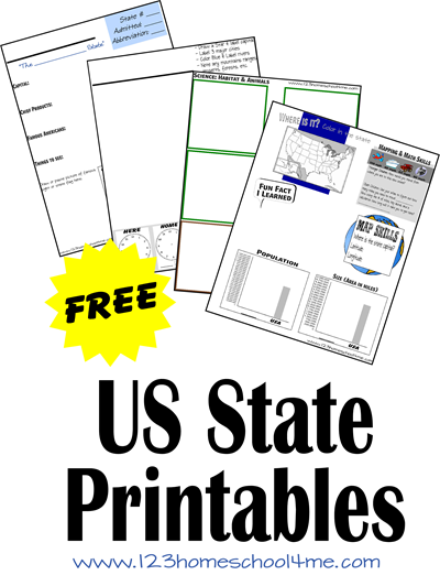 FREE US State Worksheets for kids learning about the united states in homeschool during elementary age kids.