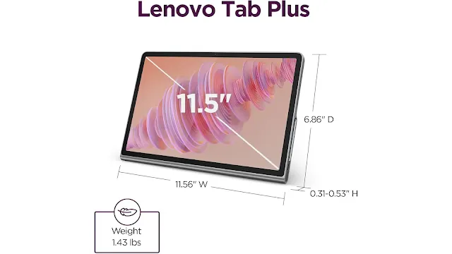 Lenovo Tab Plus 2024 tablet with 11.5-inch 2K screen, 8 JBL speakers, Helio G99 chip, folio case, Bluetooth speaker mode, and premium build priced at $296.