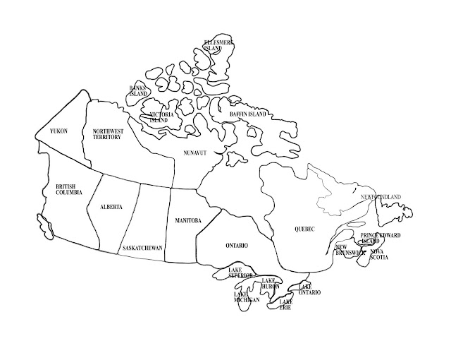 A black and white Canada map with provinces and territories for kids to colour.